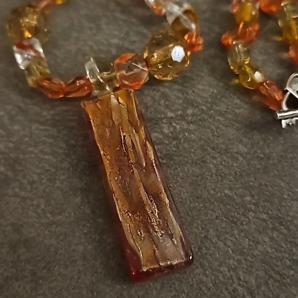 HANDMADE Orange Dichroic Glass Pendant Beaded Necklace